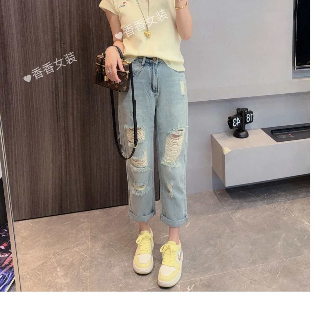 【破界风暴】小版型老爹裤夏季新款小个子显瘦破洞牛仔裤3277