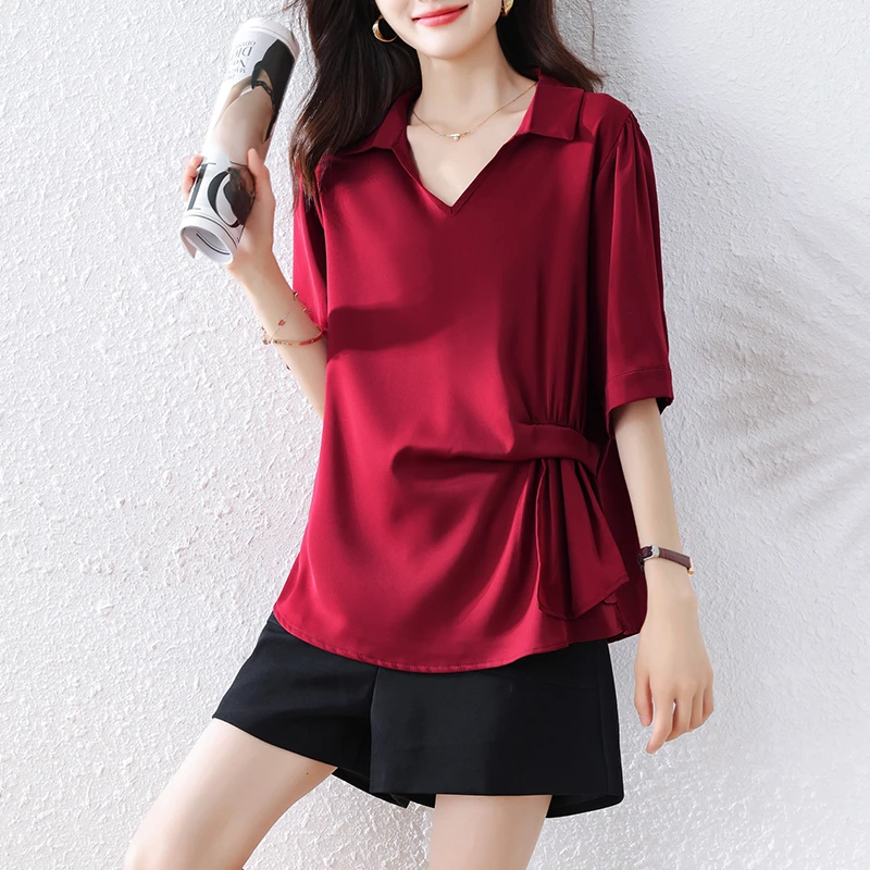 红色v领收腰短袖衬衫女2025年夏季新款宽松遮肚显瘦气质雪纺上衣