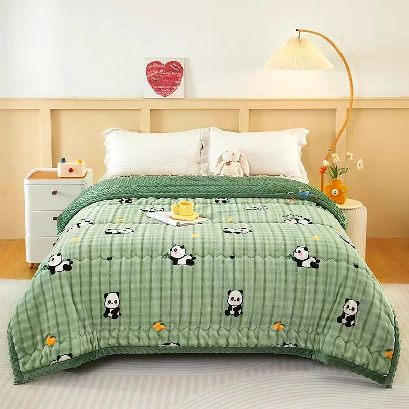 加厚泡泡绒冬款豆豆被子宝宝绒豆豆双人保暖2x2.2熊猫绿