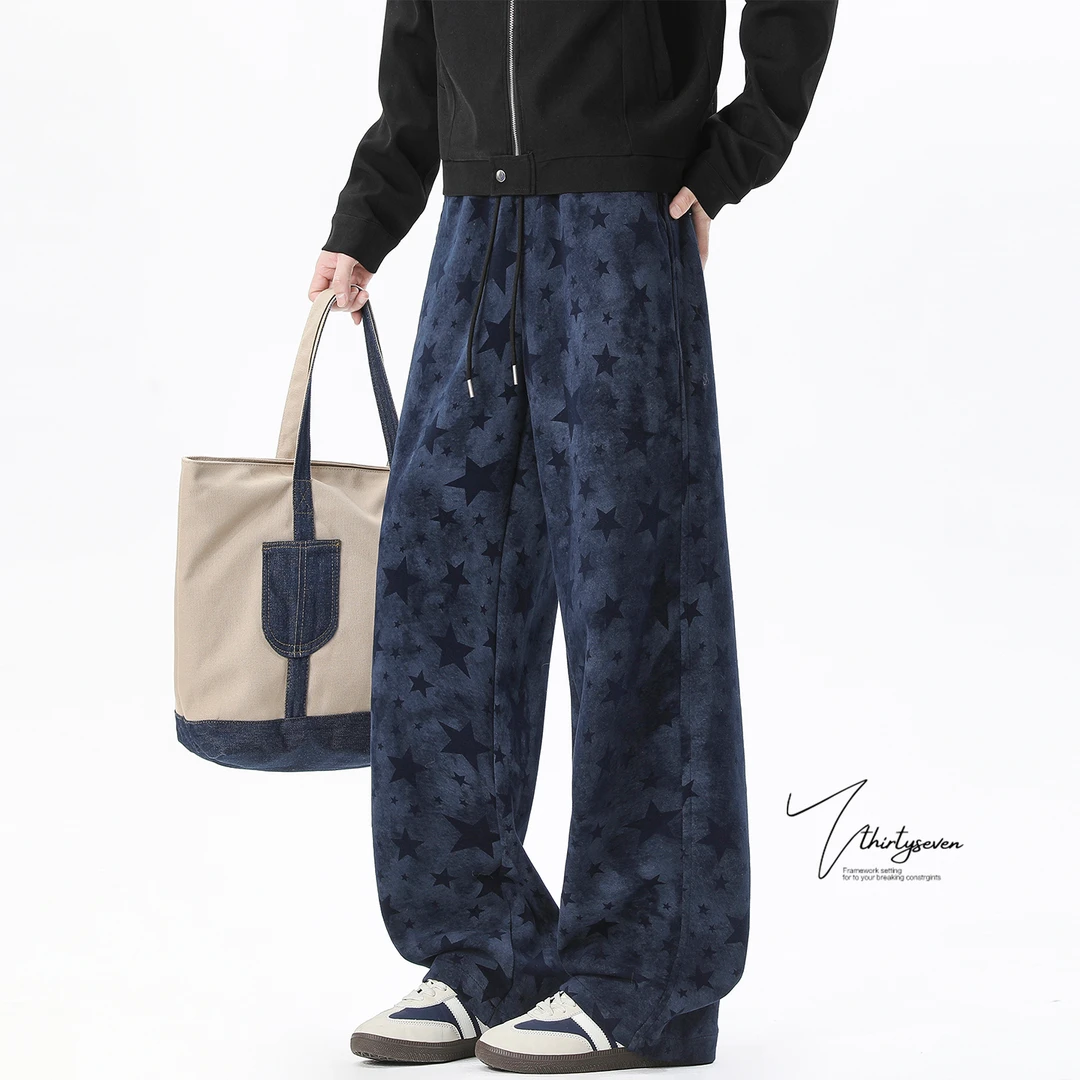 V37美式高街星星印花加绒卫裤男秋冬设计感小众宽松休闲情侣长裤
