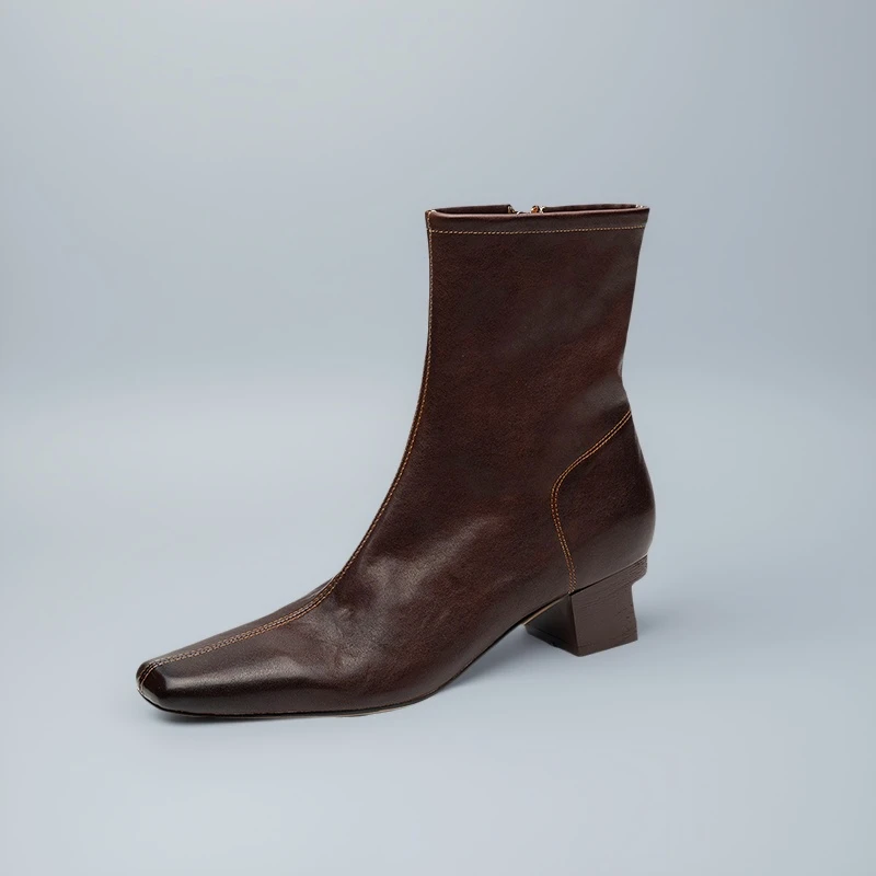 孙火火/水洗头层牛皮短靴女真皮方头粗跟中跟小众复古春秋单靴潮