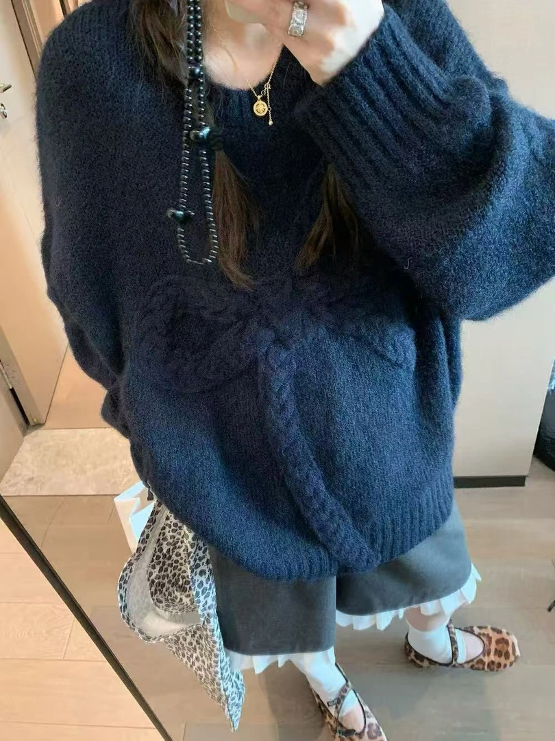 7099#复古麻花蝴蝶结针织套头毛衣 FL