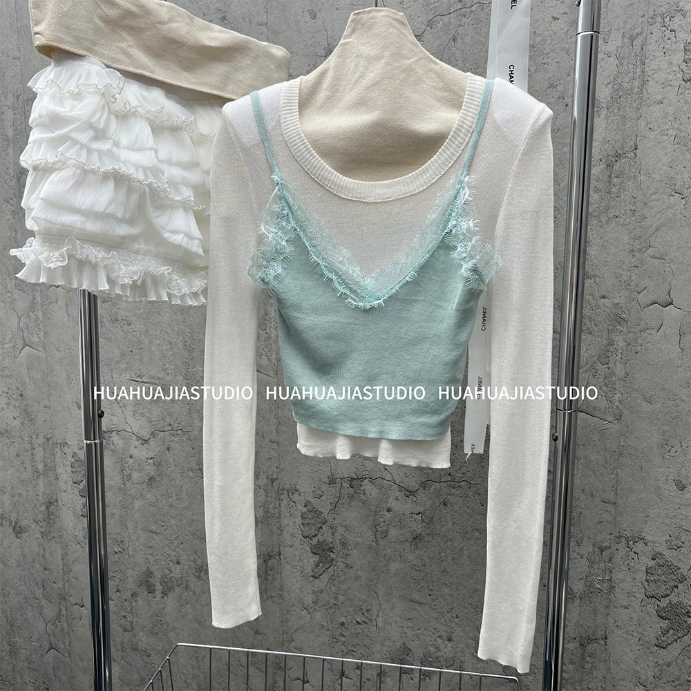 【花粉专享】大圆领修身长袖T恤纯色小吊带两件套套装