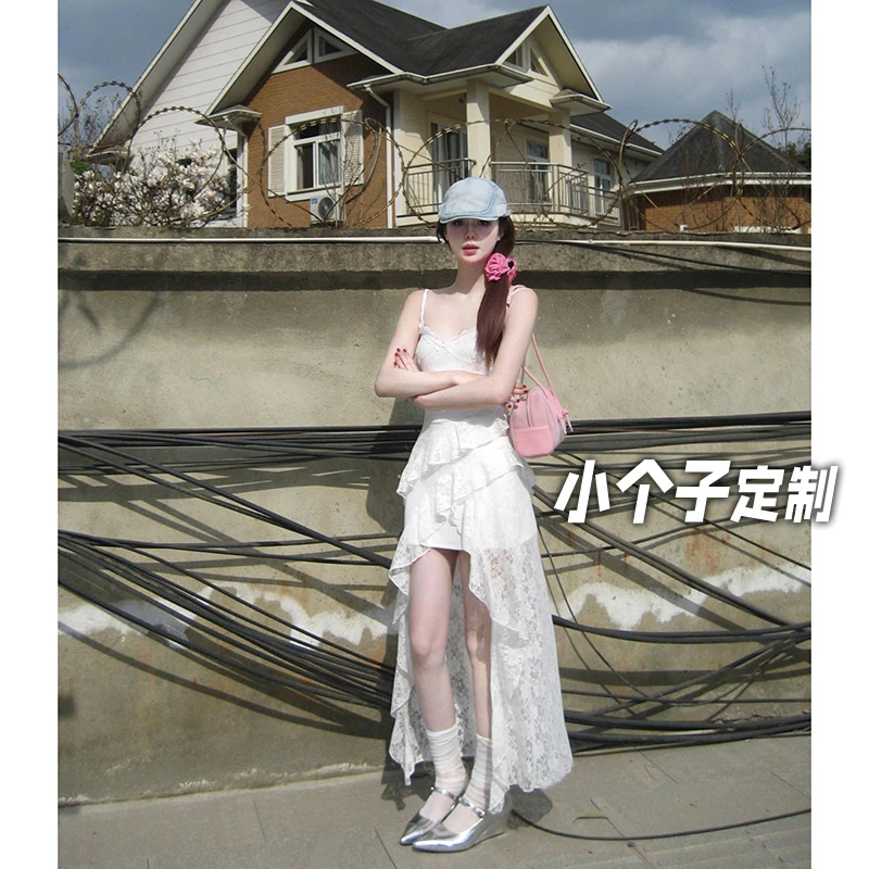 150小矮个子蕾丝不规则开叉连衣裙女春氛围感修身纯欲吊带中长裙