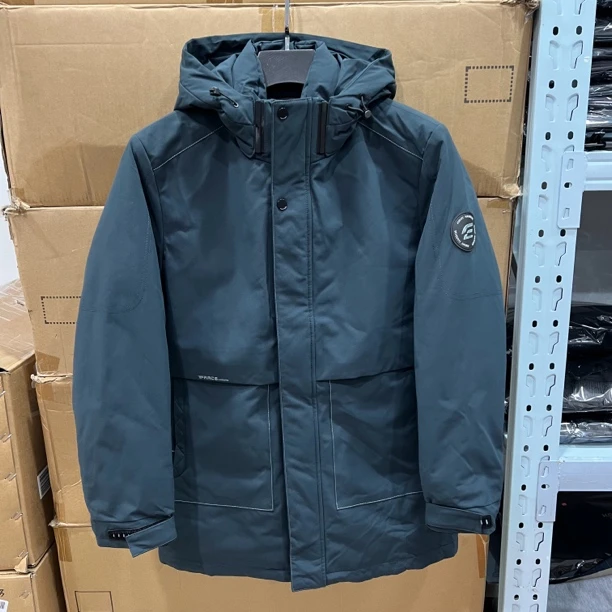 8970撤柜剪标蓝色深色带帽拉链冬季男外套羽绒服白鸭绒中长款