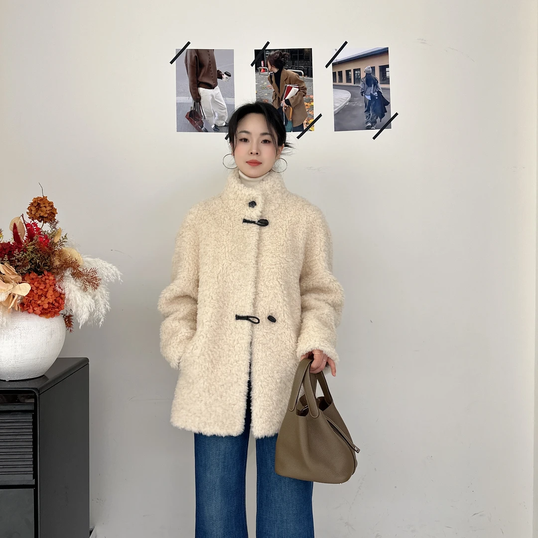 韩系全羊毛皮扣小立领中长款羊羔毛设计师毛毛外套女冬季加厚