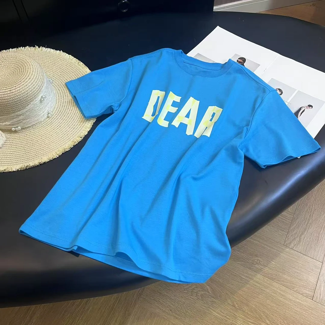 夏季简约字母印花宝蓝色清新亮眼独特短袖T恤H7703