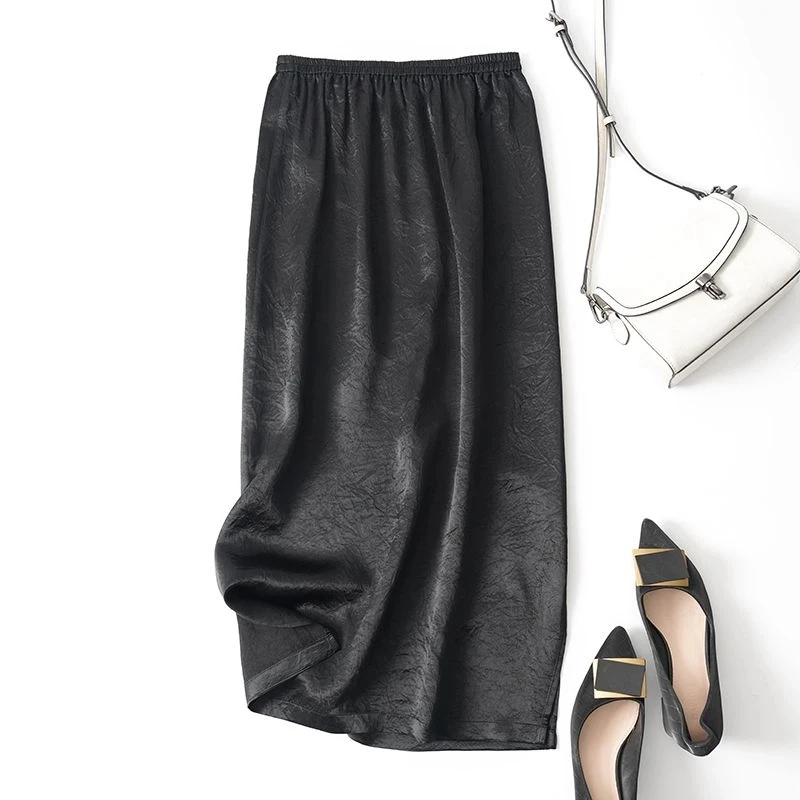 复古后开叉宽松薄款压褶肌理感黑色包臀半身裙夏季后开叉半身裙