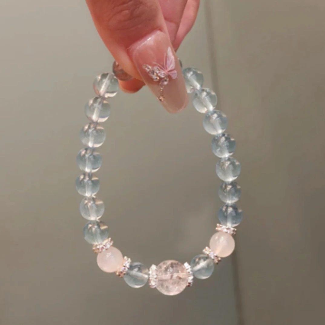 24度|淡蓝色碎碎冰海蓝宝7.8mm天然水晶手串巨巨巨好看