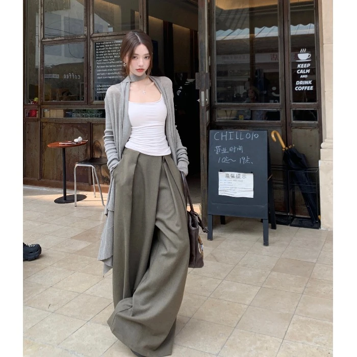 慵懒风垂感低腰休闲裤女秋季咖色西装裤复古宽松阔腿裤子拖地长裤