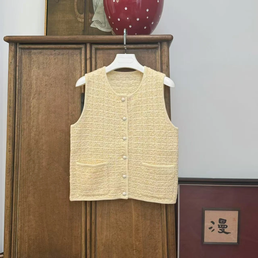 MYL2025春季新品涤棉黄色格子马甲圆领无袖单排扣小香风马夹