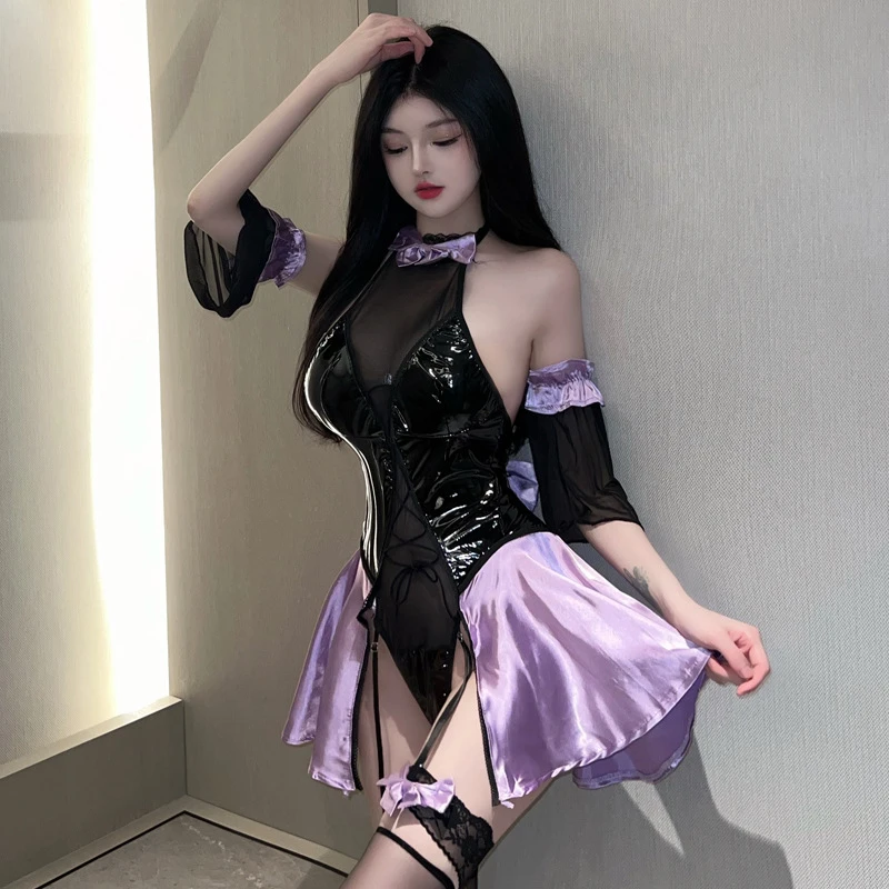 纯欲漆皮透视拼接连体睡裙紫色曼陀罗睡裙维多利亚的秘密战袍睡衣