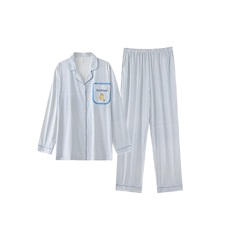 睡衣女士秋冬款纯棉长袖长裤女款休闲开衫格子可外穿家居服套装