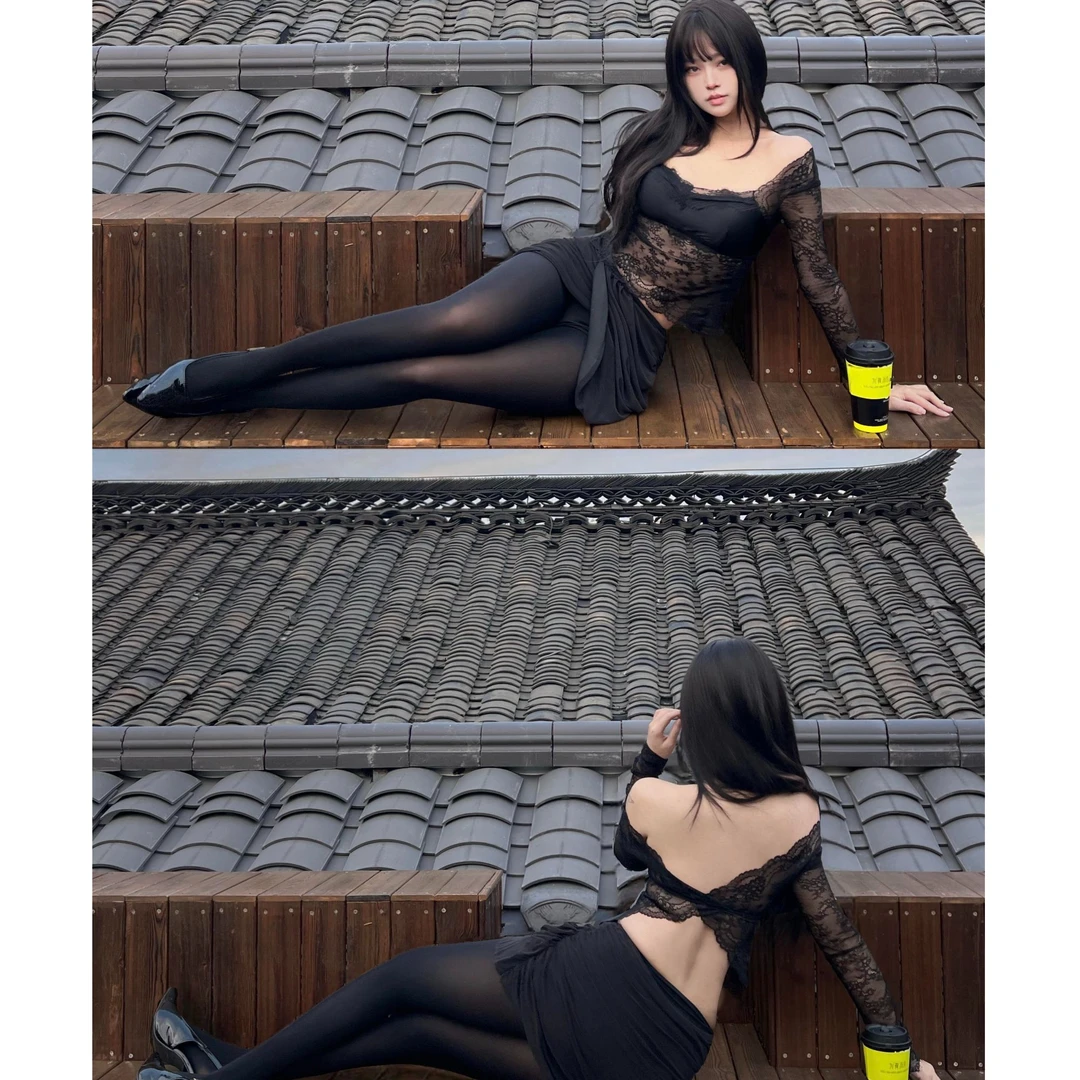 御姐风时尚套装高级感性感蕾丝透视长袖上衣配高腰半身裙子两件套