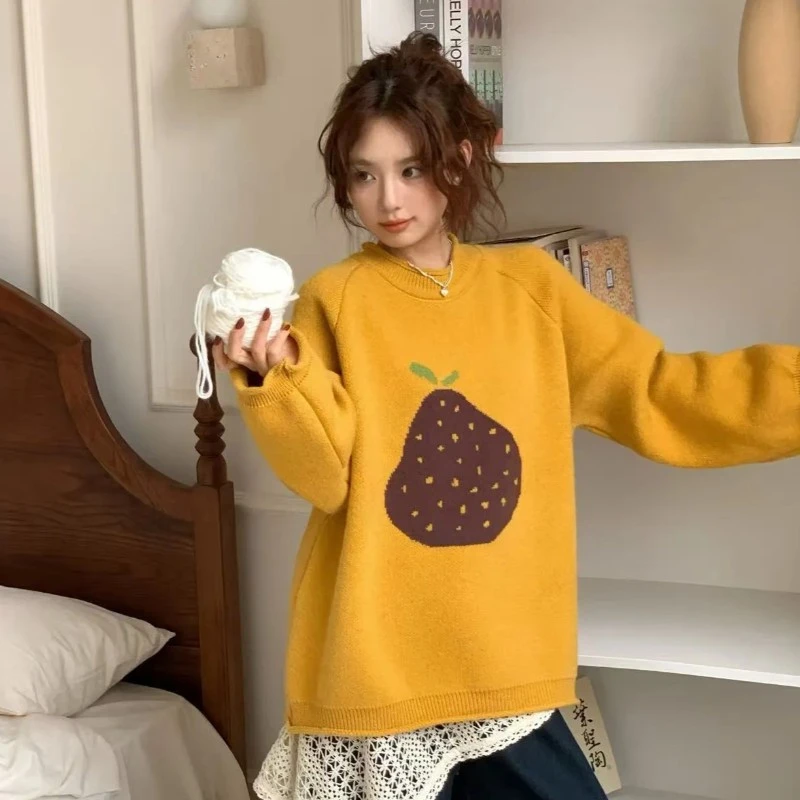设计感提花卷边保暖毛衣女秋冬新款大码显瘦慵懒宽松遮肚针织上衣