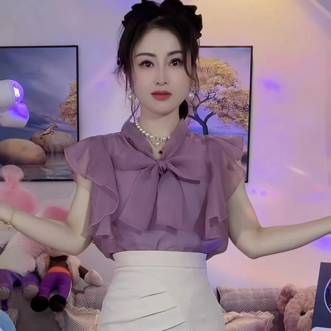 法式超仙甜美系带蝴蝶结衬衣夏季新款荷叶边飞飞袖气质小众上衣潮