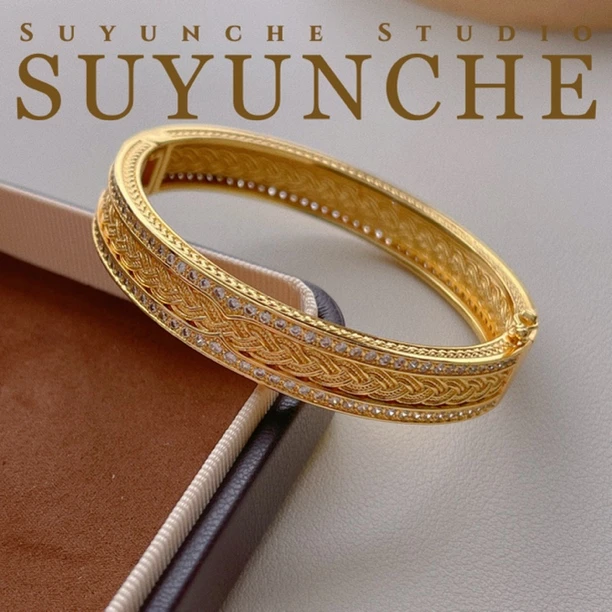 铜合金合成锆石手镯 Suyunche2652古法纹路编织质感气质手镯