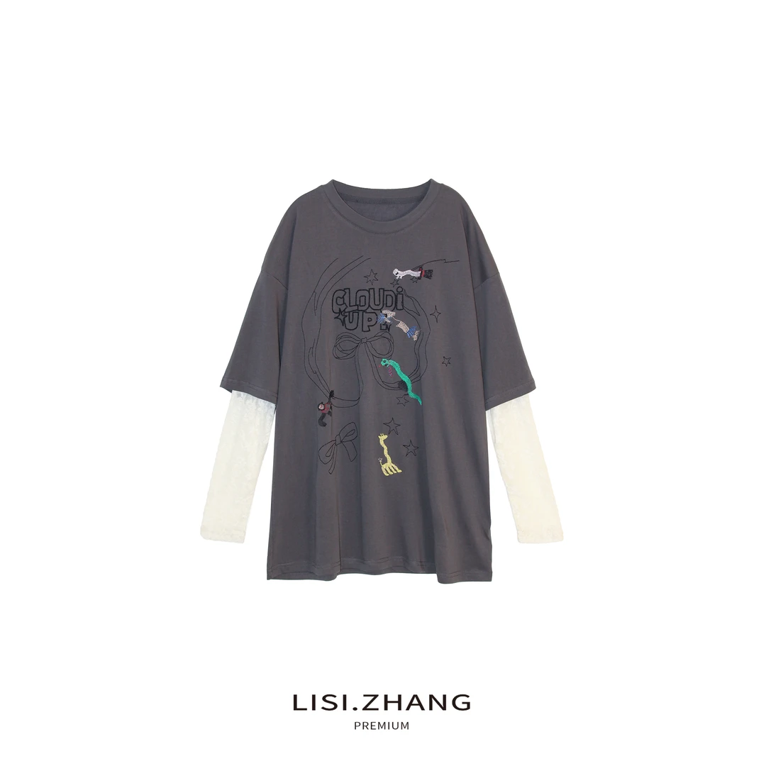LISI.ZHANG--【涂鸦拼接T恤】设计感减龄百搭涂鸦拼蕾丝宽松T恤