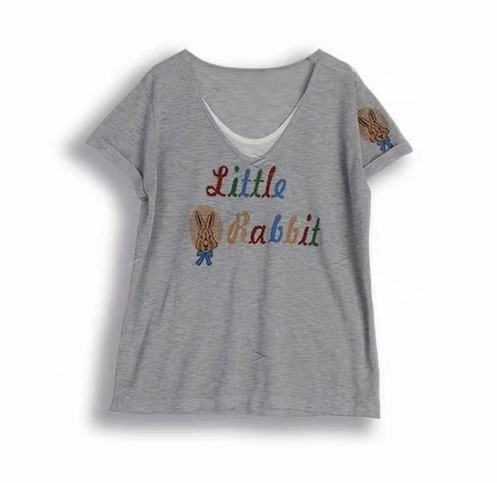 捂脸兔～T恤麻感假两件撞色字母轻薄短袖2004