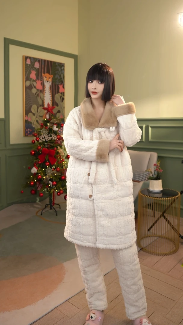 妍色物语【皎月】长款三层夹绵睡衣加绒加厚冬家居服两件套装可翻领