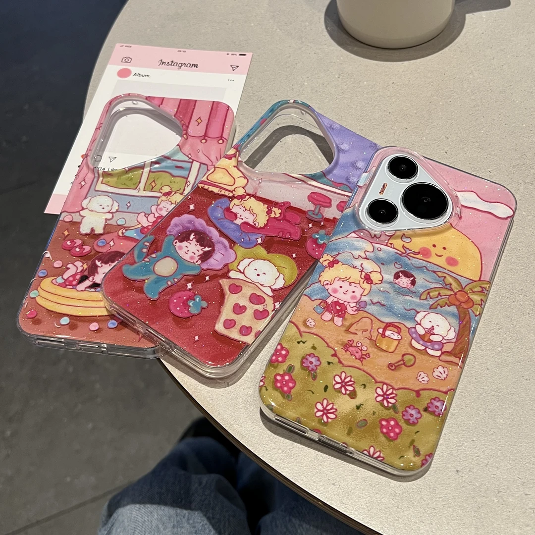 闪粉沙滩乐趣红色创意动漫适用苹果iphone16p手机壳15华为mate70p