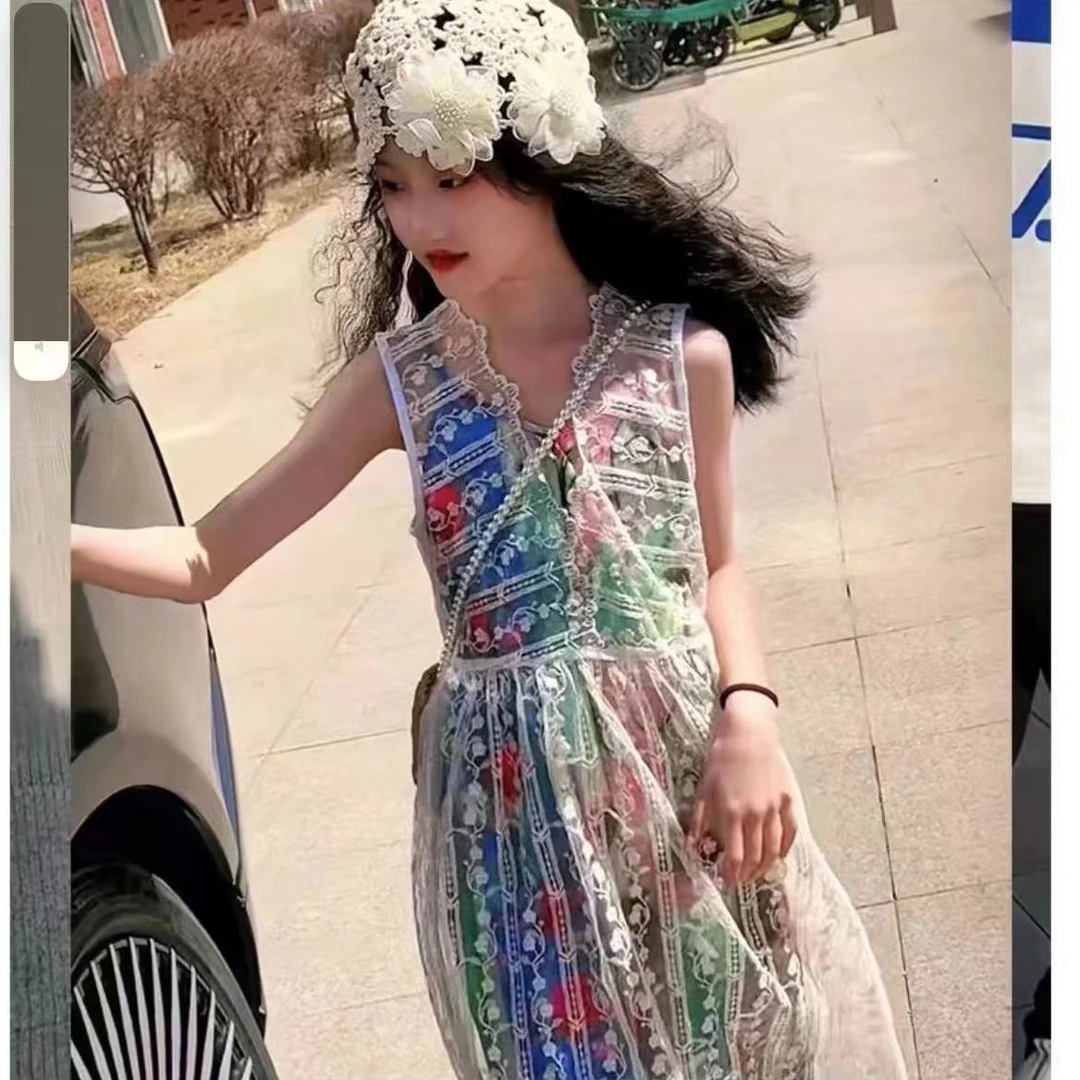 女童重工蕾丝叠穿刺绣罩衫吊带裙夏宽松中长款无袖背心度假风套装