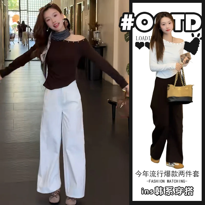 2025秋季纯欲风辣妹露肩长袖上衣高腰阔腿裤茶歇风气质套装潮