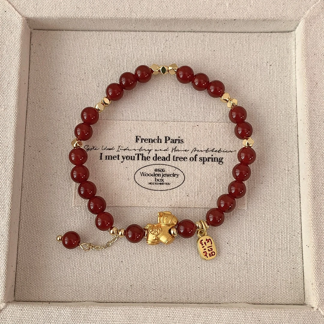 铜合金玻璃手链 国风手工红色水晶碎银手链气质高级感小马手饰