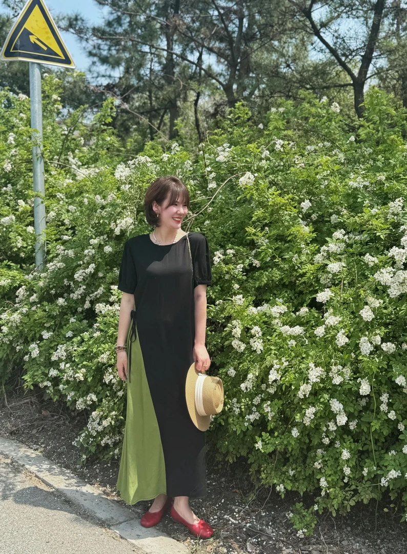 무지징−「柚见青提」显瘦拼接收腰系带棉绸连衣裙（有口袋）-B