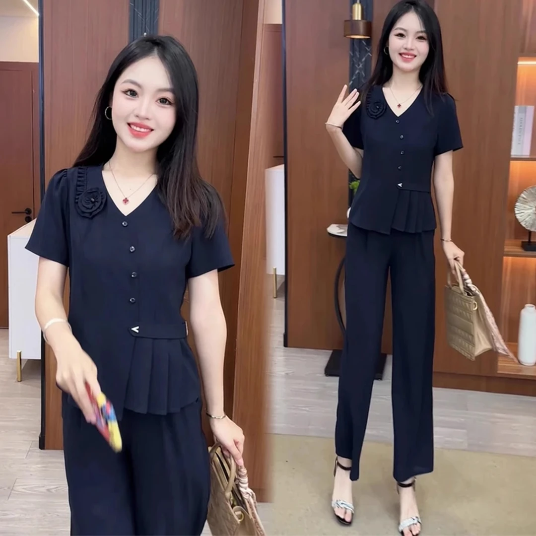 时尚套装女夏季新款洋气显瘦设计感V领短袖小衫高腰阔腿裤两件套