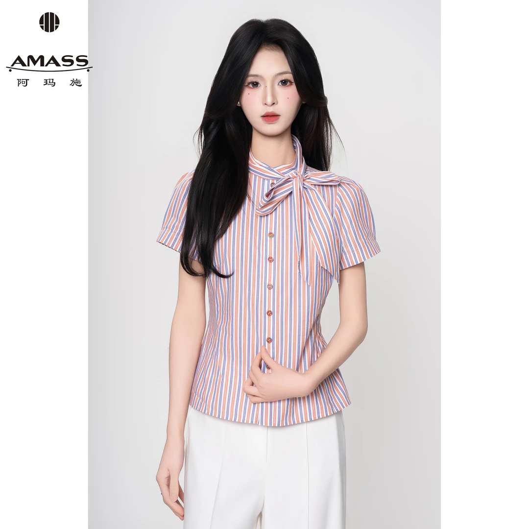 AMASS/阿玛施新款温柔气质立领花苞袖短袖条纹衬衫-附领带 530024