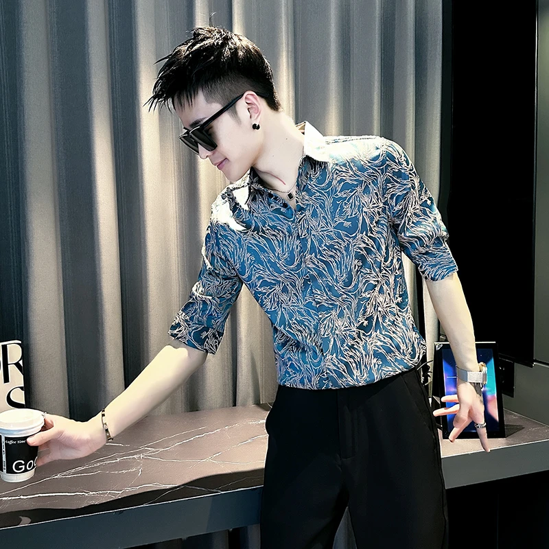 设计感花纹短袖衬衫男2025夏季新款潮牌痞帅休闲印花七分中袖衬衣