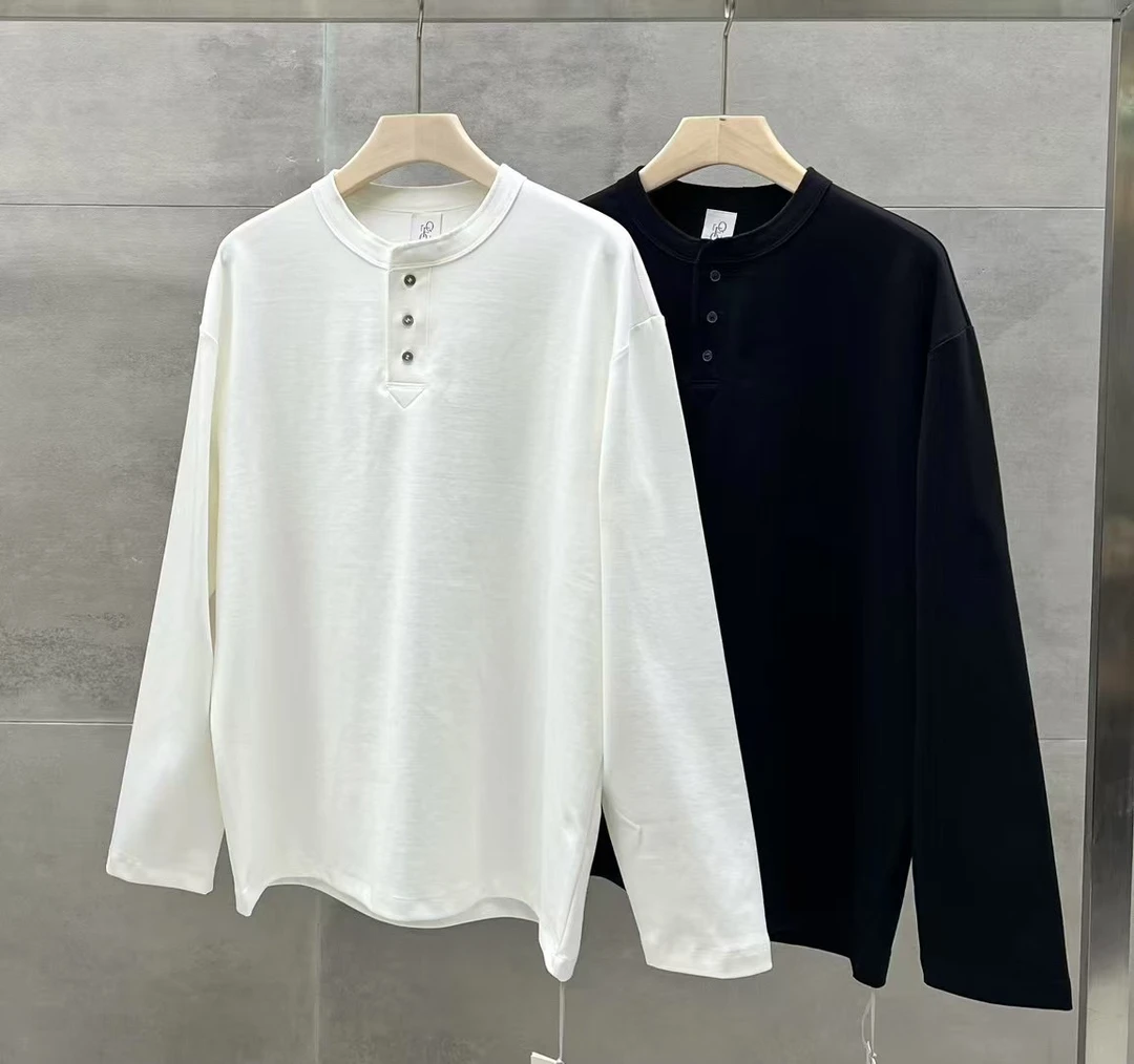 春季新品男高品质纯色长袖三粒扣微阔百搭长袖T恤