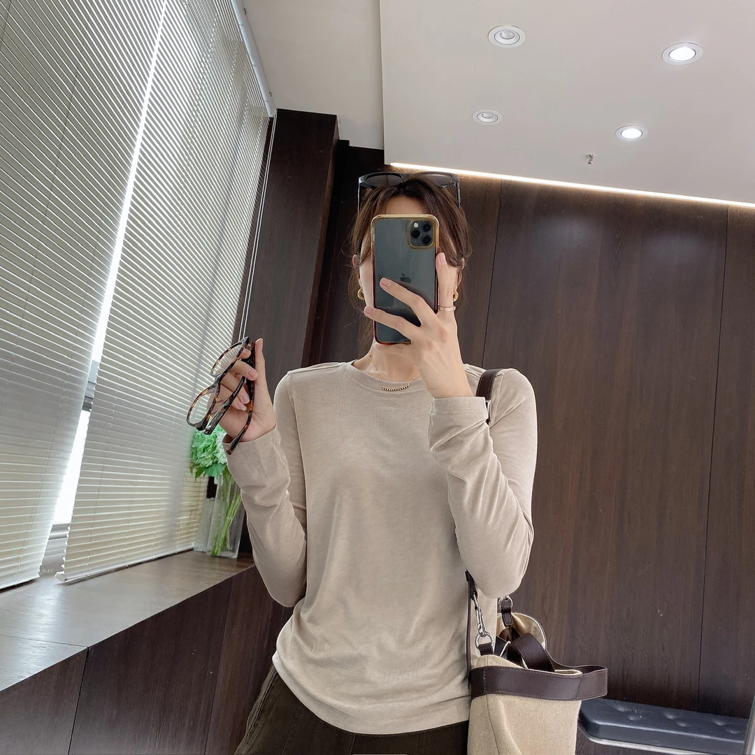 IMFLY金小金自制女装 莱赛尔T恤DYW9590秋季圆领长袖内搭上衣女