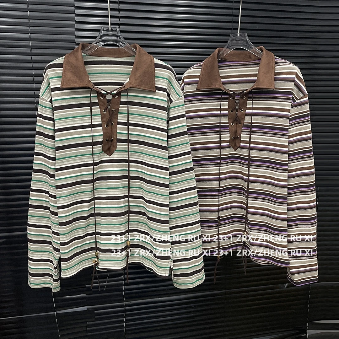 付新博女装麂皮绒翻领条纹T恤女小众复古美式时尚长袖上衣15074