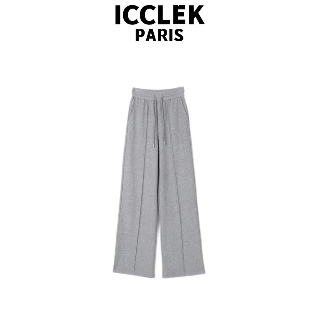 ICCLEK 秋季新款灰色加厚高腰松紧抽绳直筒显瘦百搭通勤长裤-9305