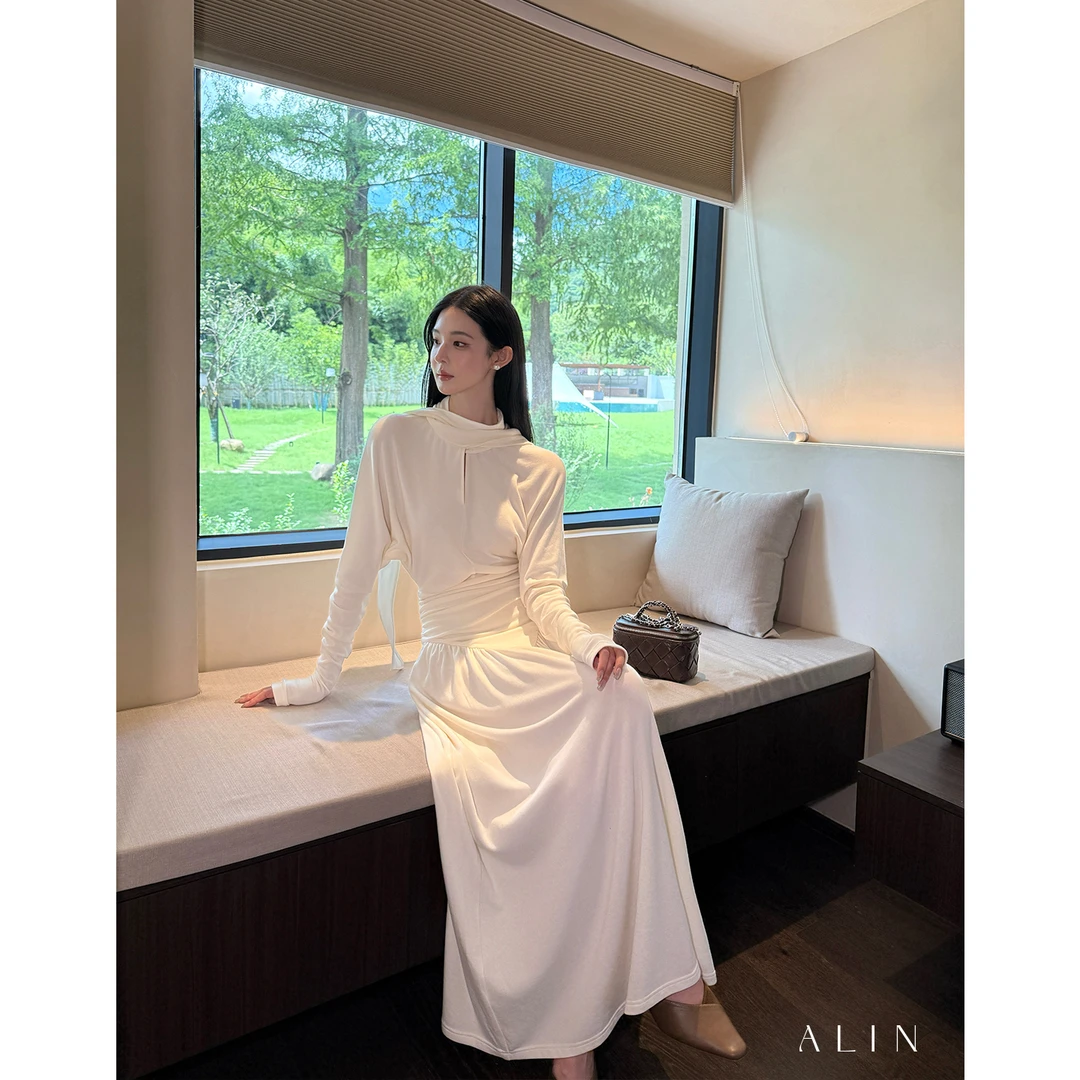 阿琳ALIN【暮织】秋季新款设计感长袖连衣裙显瘦气质长裙女AL5FBL15