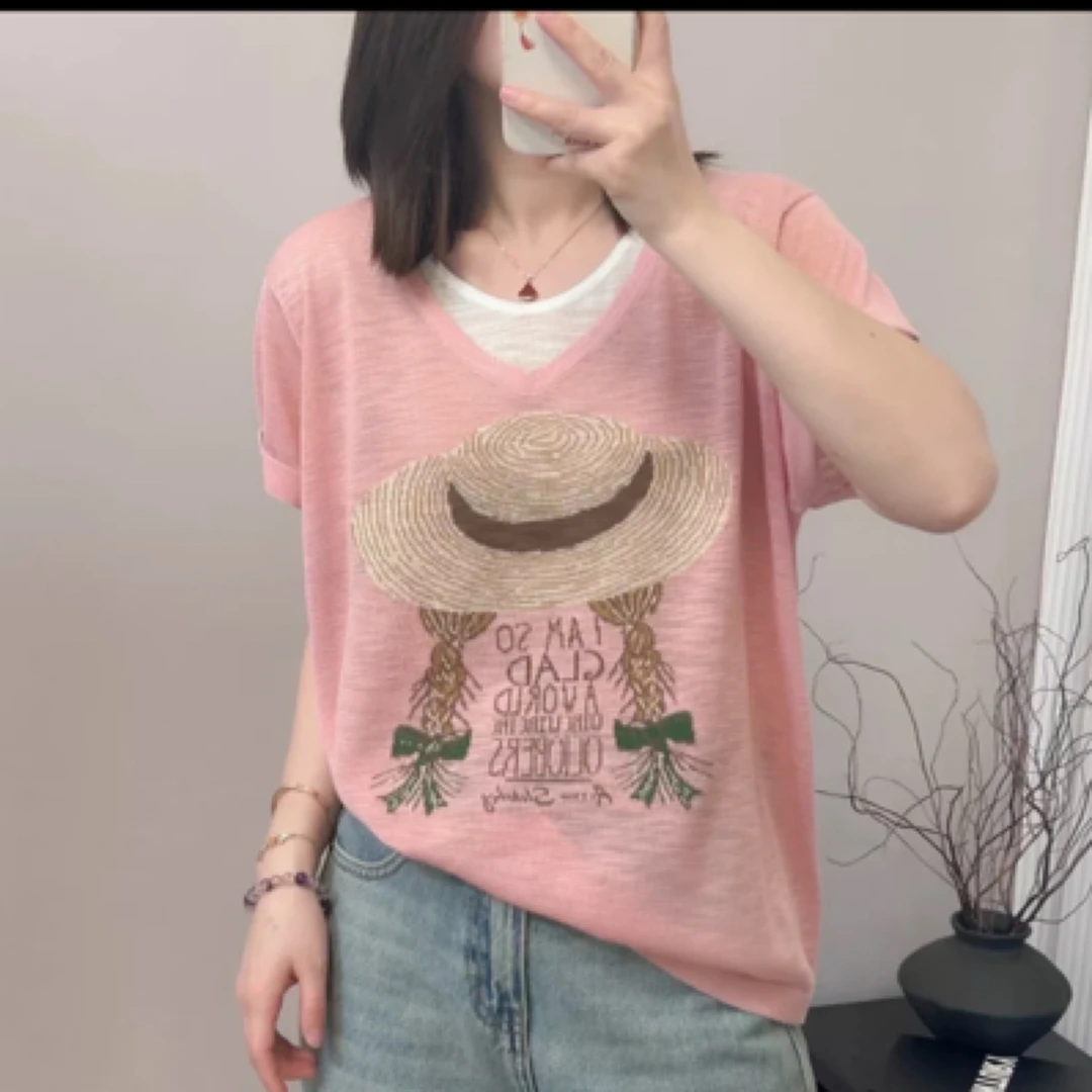 草帽背影竹亚麻短袖针织T恤衫