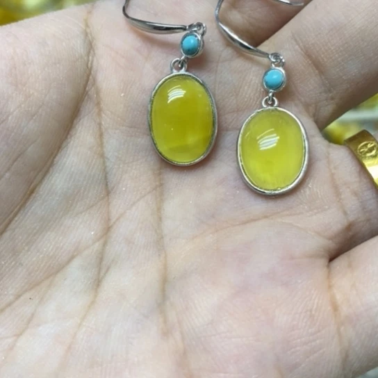 蜜蜡银S925镶嵌裸石耳钩