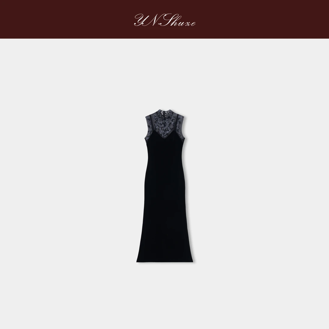 YN-SHUZE气质高级感串珠无袖丝绒连衣裙SZ-YNC-M251