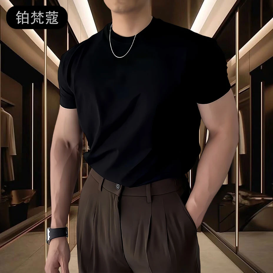 【铂梵蔻】夏季男士痞帅圆领修身棉短袖T恤运动休闲舒适大码男装潮