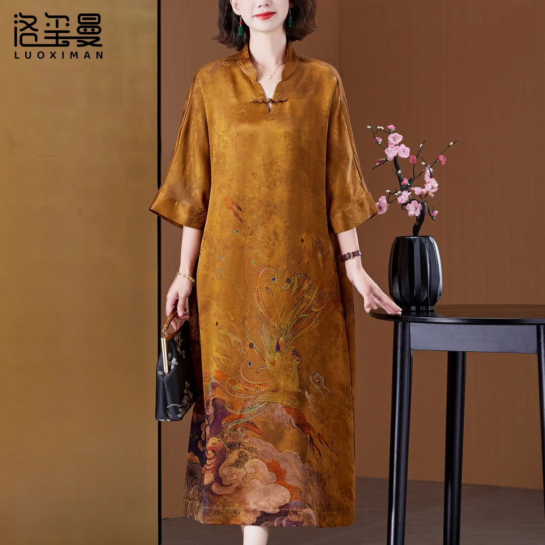 洛玺曼复古香云纱连衣裙奢华高端中国风女装高贵中老年桑蚕丝裙子