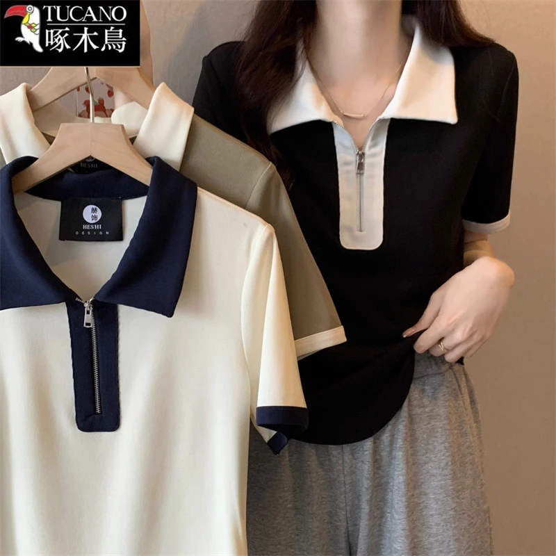 啄木鸟夏季短款拼色短袖POLO领T恤2025年新款韩版洋气潮流上衣女