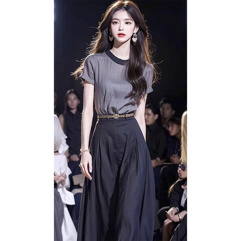 洋气复古小香风名媛时尚圆领洋气轻熟女装高端灰色上衣半身裙套装