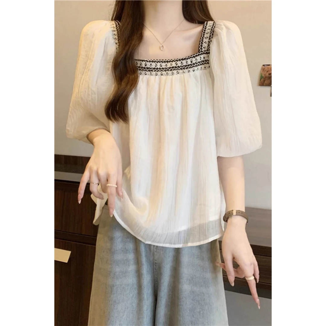 夏季温柔风方领娃娃衫遮肚显瘦上衣法式泡泡