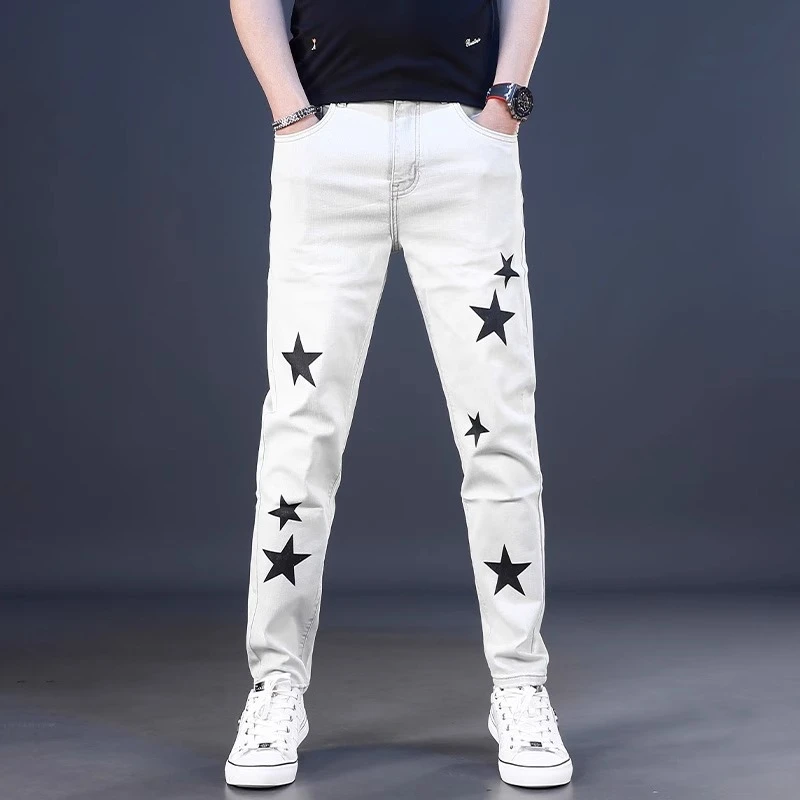 潮牌星星男士牛仔裤男款爆款2025新款夏季薄款修身小脚弹力裤子男