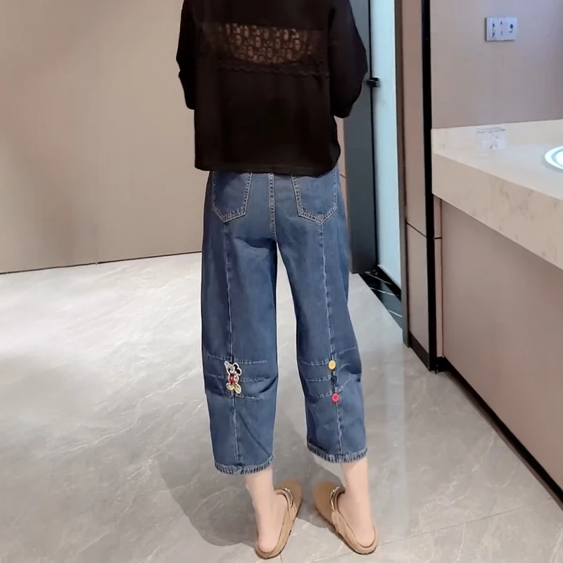 夏季新款米奇彩扣七分阔腿裤大码女装小个子高腰弹力显瘦牛仔裤女