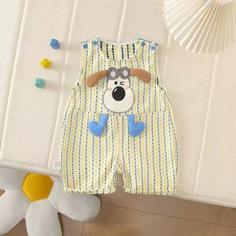 077夏季新款卡通眼镜狗宽肩薄款婴幼儿男女宝宝时尚连体衣