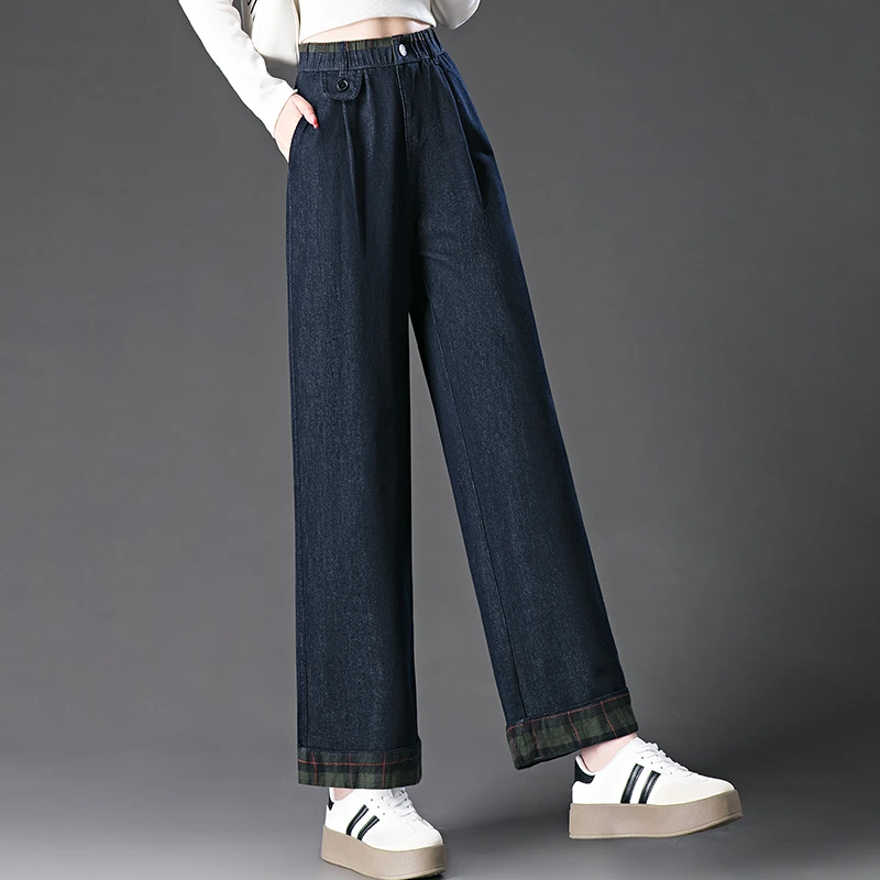 2025春秋季新款松紧腰黑色牛仔裤女士直筒裤中年女裤妈妈阔腿裤子