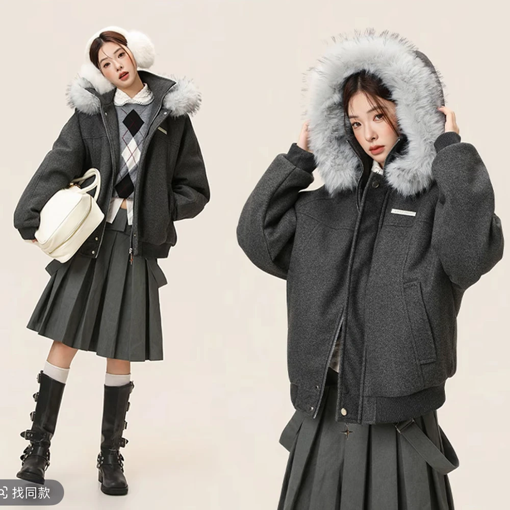 VALVOELITE座山雕毛领连帽休闲毛呢拼接秋冬棉服情侣款上衣外套